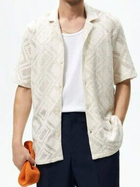 ZARA Crochet Knit Shirt Beige Textured Button Front Short Sleeve Size S